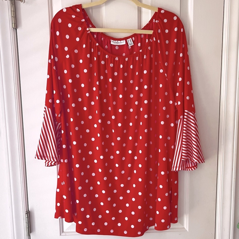 Susan Graver Red White Stripe Polka Dot Blouse Plus Size Women’s 2X
